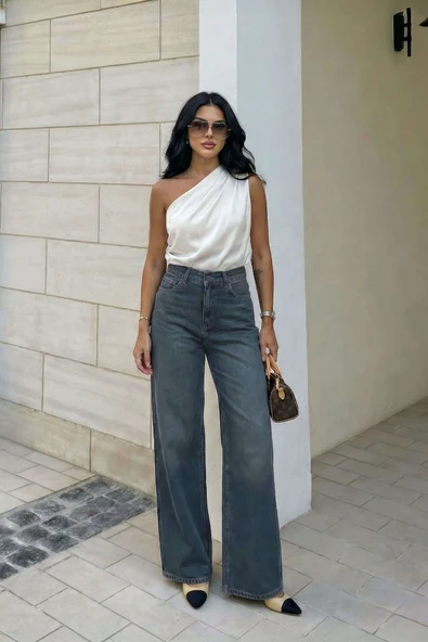 Kadın İndigo Yüksek Bel Wide Leg Jean Pantolon ürün görseli 1
