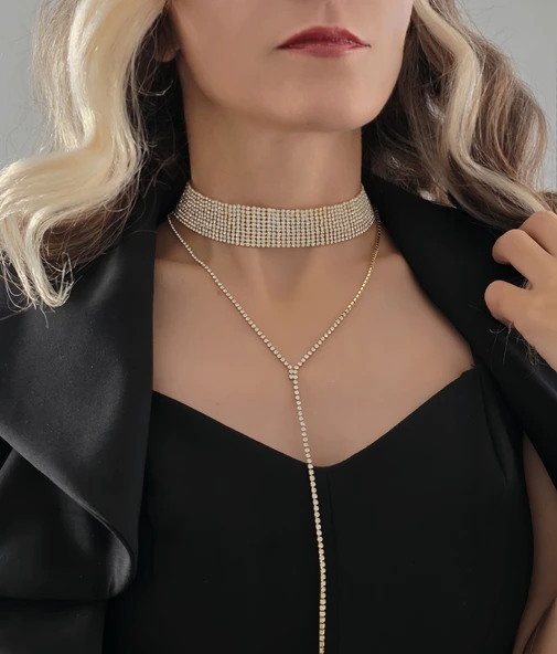 Altın Kaplama Rhinestone Y Model Su Yolu Model Kolye - Resim 3