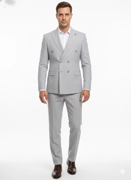 Gri Kruvaze İtalyan Kesim Erkek Takım Elbise – Slim Fit Modern Mikro Desen Kumaş ürün görseli 1