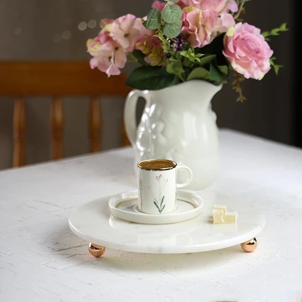 Akayev Mermer Beyaz 19 cm Rose Gold Boncuk Ayaklı Kahve Sunumluk - Yağ ve Takı Standı ürün görseli 1