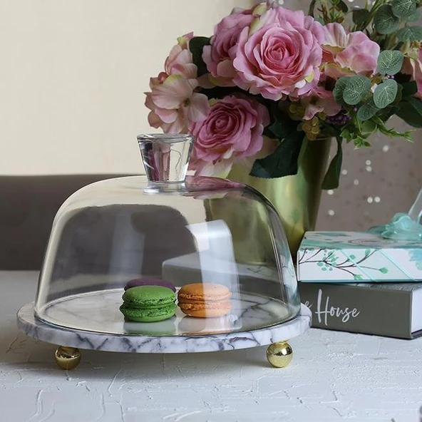 Akayev Mermer 25 Cm Altın Boncuk Ayaklı Leylak Cam Fanus ürün görseli 1