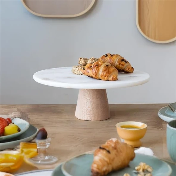 Akayev Mermer 25 Cm Konik Ahşap Ayaklı Beyaz Yuvarlak Sunum Tabağı ürün görseli 1