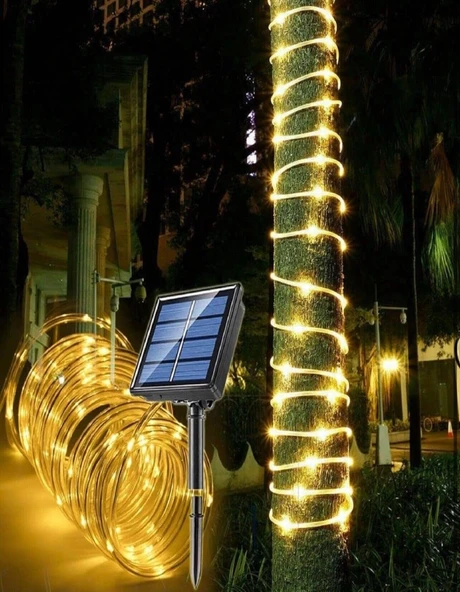 100 Led 12 Metre Sarı Flex Peri Led Işık Güneş Enerjili Solar Bahçe Balkon Ağaç Lambası Aydınlatması ürün görseli 1
