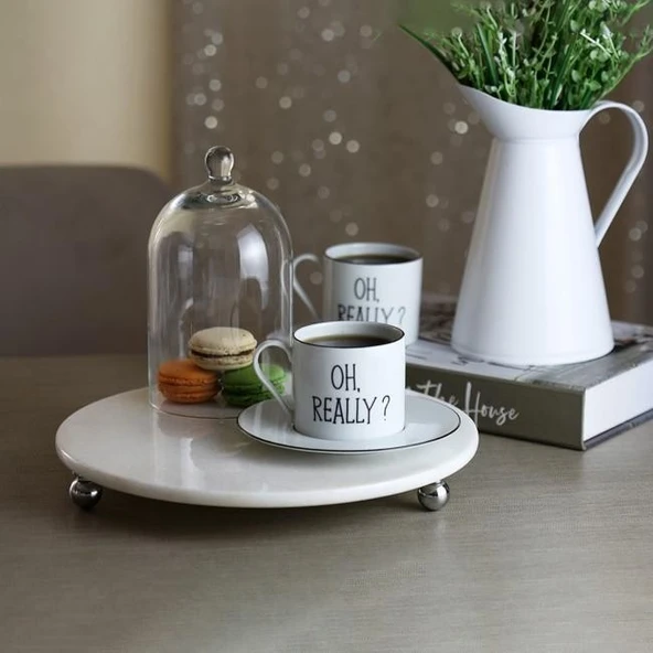 Akayev Mermer Beyaz 28 Cm Gümüş Boncuk Ayak Yuvarlak Sunumluk ürün görseli 1