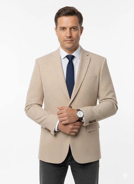 Erkek Bej Slim Fit Blazer Ceket – Çizgili Dokulu Kumaş – Çift Düğmeli ürün görseli 1