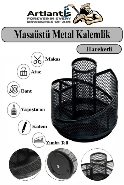 Döner Metal Masaüstü Düzenleyici 1 Adet Organizer Kalemlik Siyah Renk Hareketli 360 Derece Döner Kalemlik Fileli ürün görseli 1