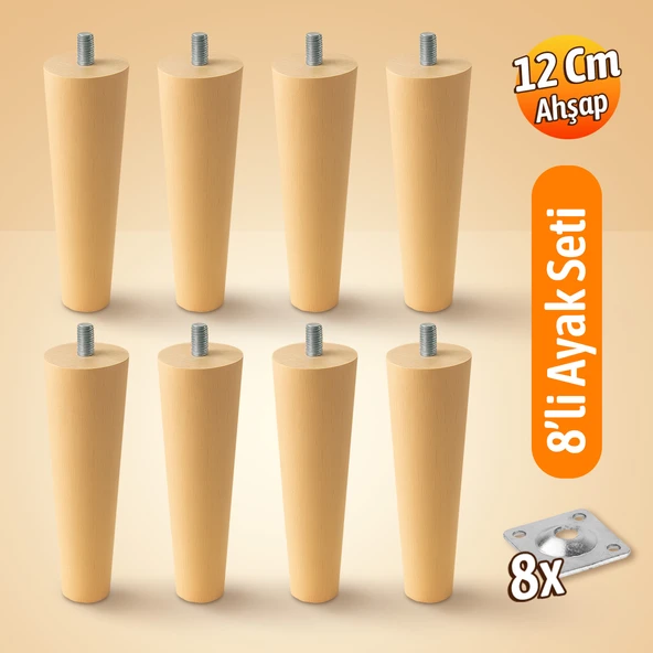 8'li Set 12 Cm Ahşap Mobilya Koltuk Kanepe Ayağı Ayakları M8 Civatalı Bağlantı Aparatlı ürün görseli 1