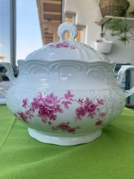 Antika Bavaria Germany Pembe Çiçek Desenli ve Rölyefli Shabby Chic Zarif Alman Porseleni Tencere ürün görseli 1
