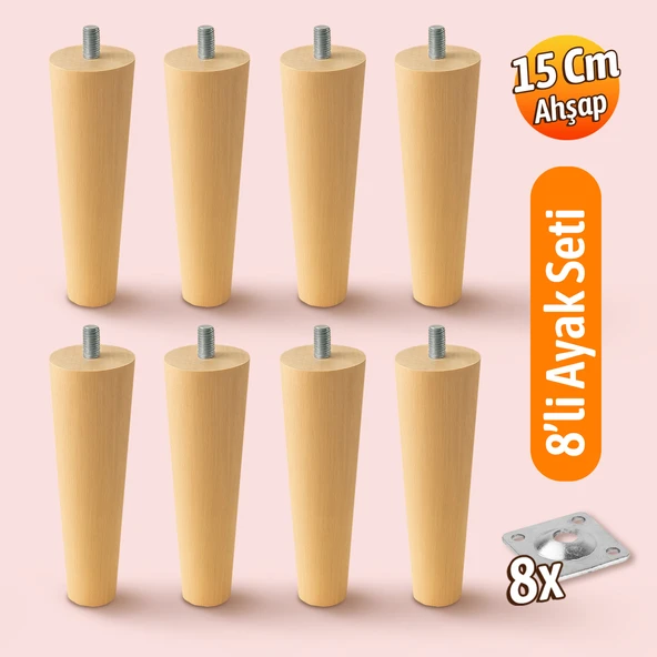 8'li Set 15 Cm Ahşap Mobilya Koltuk Kanepe Ayağı Ayakları M8 Civatalı Bağlantı Aparatlı ürün görseli 1