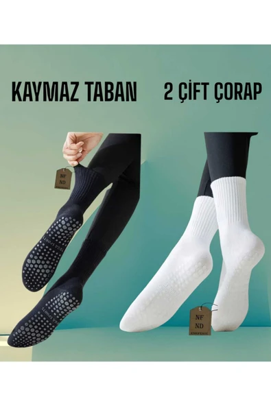 2 ÇİFT YOGA PİLATES ÇORABI KADIN SİLİKON KAYMAZ TABAN PAMUK SOKET TENİS ÇORAP ALTI HAVLU SİYAH BEYAZ ürün görseli 1