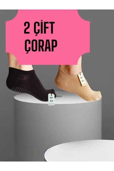 2 ÇİFT BABET ÇORAP GÖRÜNMEZ ÇORAP SPOR YOGA PİLATES SNEAKERS KAYMAZ SİLİKON TABAN 36-40 KREM SİYAH ürün görseli 1