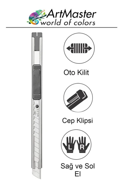 Maket Bıçağı Metal Cep Boy 9mm Falçata Kaymaz Kilitli Paslanmaz Dar 9mm Bıçaklı Maket Bıçağı Metal Falçata Küçük Boy ürün görseli 1