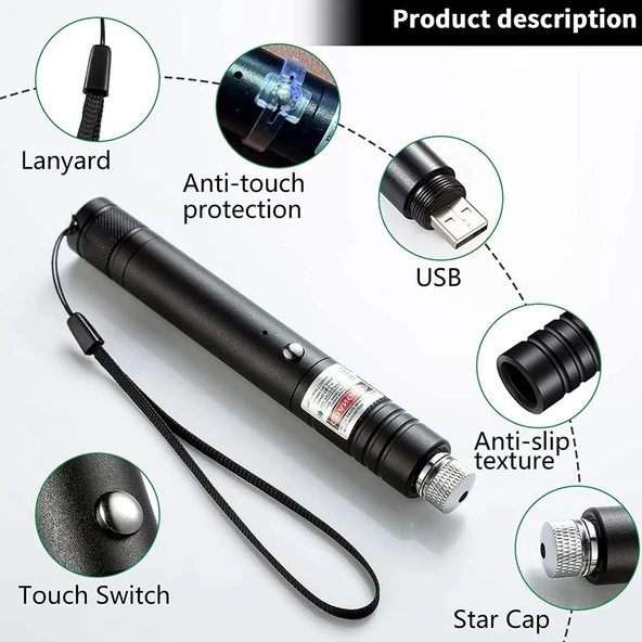 Fithome 100MW Desen Başlıklı USB Şarjlı Yeşil Lazer Pointer - Resim 4