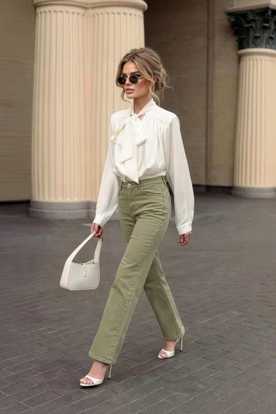 Kadın Yüksek Bel Likralı Wide Leg Haki Jean Pantolon ürün görseli 1
