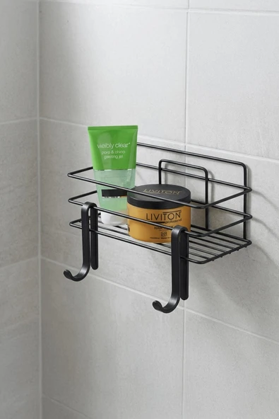 Tekli Siyah Yapışkanlı Banyo Rafı + 2’li Askı Kanca Seti – Paslanmaz Metal Duş Şampuanlık (Yapıştır/Vidala) – TŞ-01 ürün görseli 1
