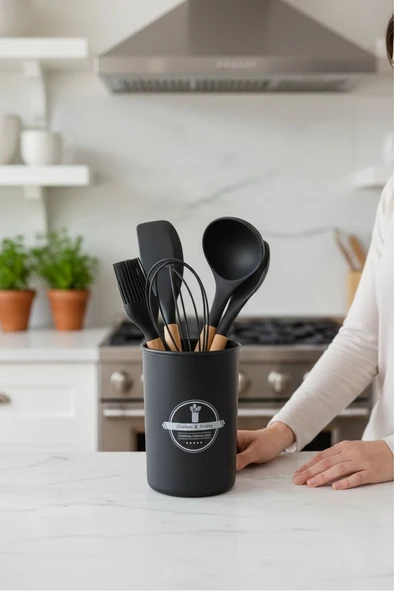 Elegant 5 parça silikon servis seti takımı siyah kaşıklık standlı ürün görseli 1