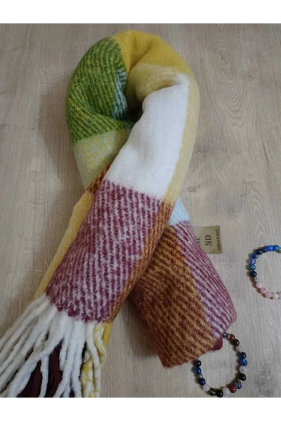 Omuz Şalı - Atkı  Renkli Kareli BordoYeşilSarı Yumuşak, Çift Taraflı Pofidik  Kışlık ,Sıcak 45 X 185 ürün görseli 1