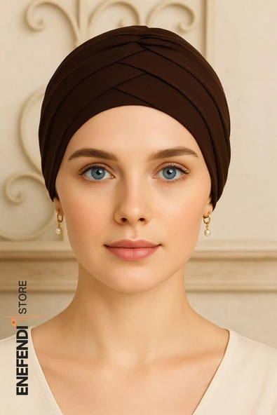 Üç Bantlı Bone, Kahverengi Dış Bone Hazır Hijab Tesettür Sandy Kumaş ürün görseli 1