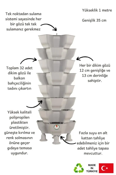 Yonca Bahçe Kulesi - Gri 6 Katlı Saksı - Resim 8