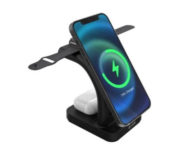 S-link SW-CWF130 Siyah Telefon Kulaklık Akıllı Saat 15W 3 in 1 Magsafe Led Logo Kablosuz Şarj Cihazı ürün görseli 1