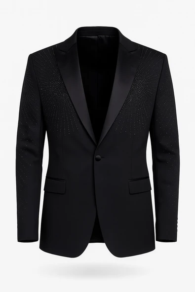 Erkek Siyah Taş Detaylı Saten Yaka Blazer Ceket – Özel Tasarım Şık Damatlık & Gece Kombini ürün görseli 1