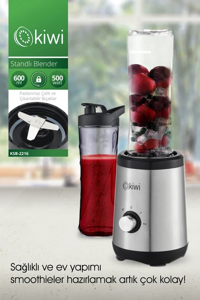 Kiwi Ksb-2240 Standlı Paslanmaz Çelik Sporcu Blender - Kişisel Smoothie Blender 600 ml Bardaklı ürün görseli 1