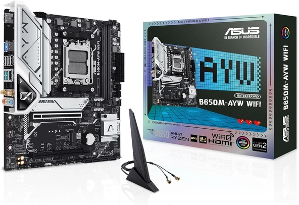 ASUS B650M-AYW WiFi AMD B650 Micro-ATX Anakart, DDR5, PCIe 5.0 M.2 Desteği, HDMI, Realtek 2.5Gb Ethernet, Wi-Fi 6, Arka USB 10Gbps Bağlantı Noktaları, Ön USB 5Gbps Tip-C, SATA 6 Gbps ürün görseli 1