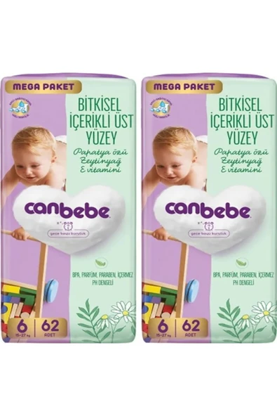 Canbebe Bebek Bezi x 2 Mega Paket 6 Beden Xl 15-27kg 62'li ürün görseli 1