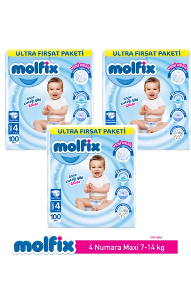Molfix Bebek Bezi Ultra Fırsat Paketi Maxi 4 Numara 100 Adet X 3 Paket ürün görseli 1