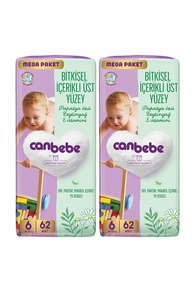 Canbebe Bebek Bezi Mega Paket 6 Beden XL (15-27kg) 62 li x 2 Adet ürün görseli 1