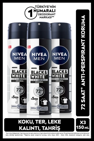 NIVEA MEN Erkek Sprey Deodorant Black&White Invisible Original 150ml,72 Saat Anti-Perspirant,X3 Adet ürün görseli 1