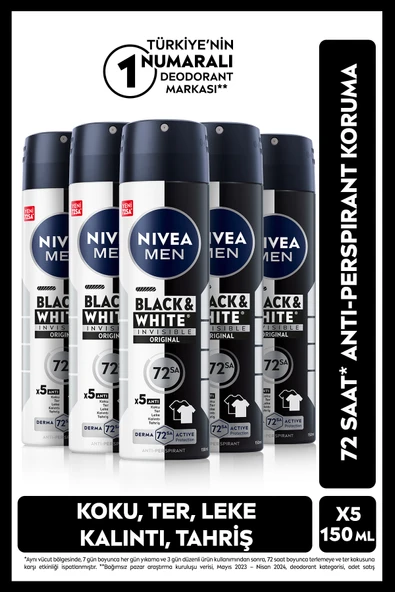 NIVEA MEN Erkek Sprey Deodorant Black&White Invisible Original 150ml, 72 Saat Anti-perspirant, X5 Adet ürün görseli 1
