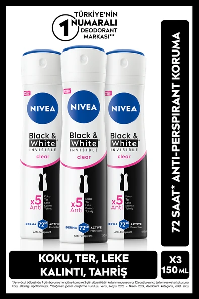 NIVEA Kadın Sprey Deodorant Black&White Invisible Clear 150mL,72 Saar Ant Perspirant Koruma, X3 Adet ürün görseli 1