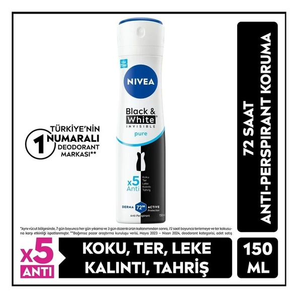 NIVEA Kadın Sprey Deodorant Black&white Invisible Pure 150ml, 72 Saat Anti-perspirant ürün görseli 1