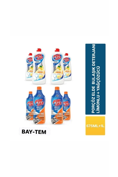 Porçöz 4 Adet 675 ml Elde Bulaşık Deterjanı Limon + 4 Adet 1000 ml Ekstra Güçlü Yağ Çözücü ürün görseli 1