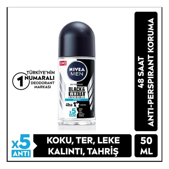 NIVEA MEN Men Invisible Black And White Fresh Erkek Roll-on 50 Ml ürün görseli 1