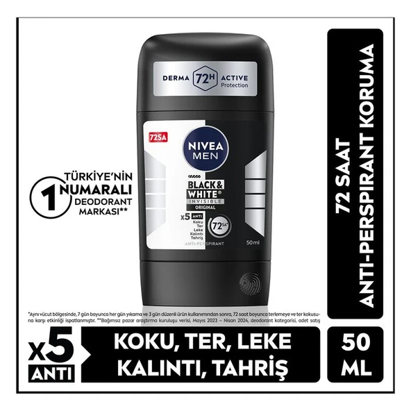 NIVEA MEN Men Erkek Stick Deodorant Black&white Invisible Original 50ml 72 Saat Anti-perspirant Koruma ürün görseli 1