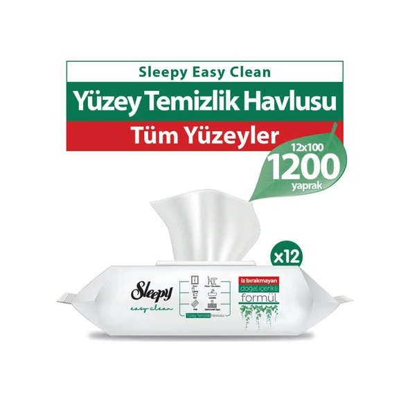 Sleepy Easy Clean Beyaz Sabun Katkılı Yüzey Temizlik Havlusu 100 Yaprak 12'li ürün görseli 1
