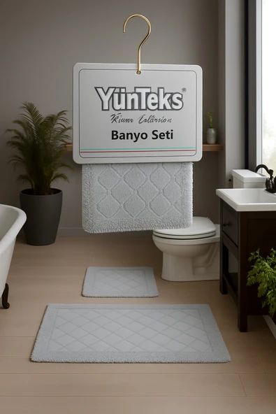 YÜNTEKS Pamuk Makarna Tufting 2'li Klozet Takımı , Banyo Seti , Banyo Paspas Seti ,Deniz kabuğu , Gri ürün görseli 1