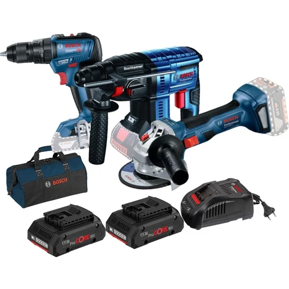 Bosch Gbh 180-LI + Gsr 180-LI + Gws 180-LI 2X4,0AH +Gal 18-40 Şarj Cihazı + Bosch Bez Takım Alet Çantası Africa Bag ürün görseli 1