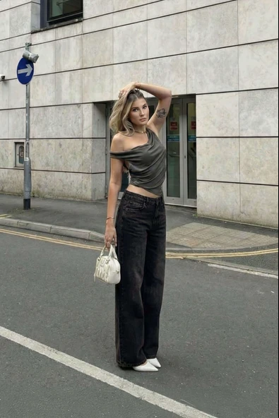 Kadın Antrasit Yüksek Bel Wide Leg Jean Pantolon ürün görseli 1