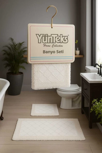 YÜNTEKS Pamuk Dokuma Su Emici Banyo Paspas Seti, Banyo Halısı, 2 Li Klozet takım ürün görseli 1
