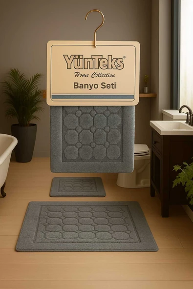 YÜNTEKS Pamuk Tufting 2'li Klozet Takımı , Banyo Seti ,Paspas Seti , Su Emici , Petek Desen, Antrasit ürün görseli 1