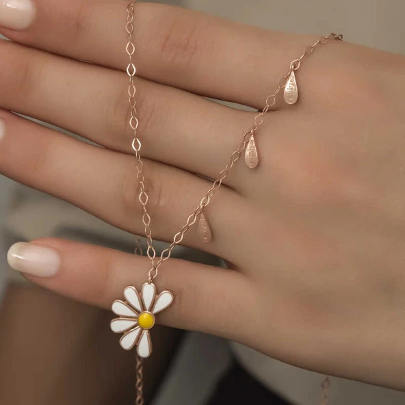 Gümüş Rose Papatya Seviyor Sevmiyor Bayan Kolye - Resim 9