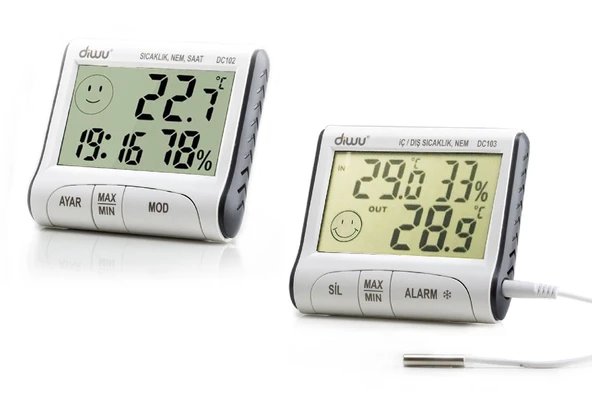 Diwu DC102 ve DC103 İç Dış Max-Min Prob Termometre Nem Ölçer Saat Seti ürün görseli 1