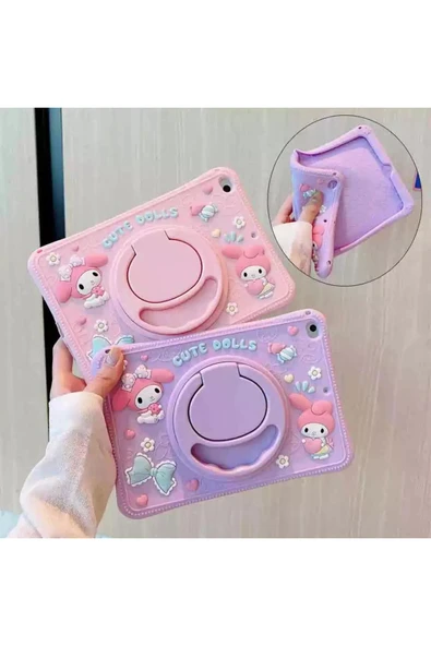 Ennar iPad 9.Nesil 10.2 inç A2602 A2604 Cute Dolls Askılı Standlı Tablet Kılıfı Mor+Tablet Kalemi Mor ürün görseli 1