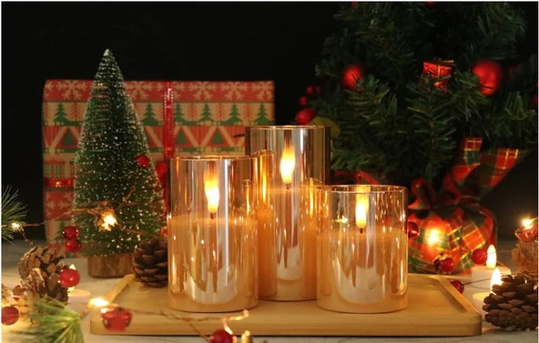 3D Mum Efektli 3'lü Mum Set, Pilli Dekoratif Mum Efektli Şamdan, Masa, Gece Lambası 3'lü Mum Set ürün görseli 1