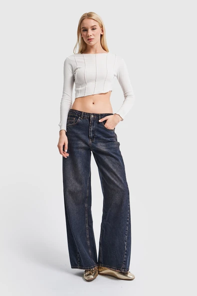 Kadın Kot Tint Rengi Düşük Bel Süper Wide Leg Fit Denim Pantolon ürün görseli 1