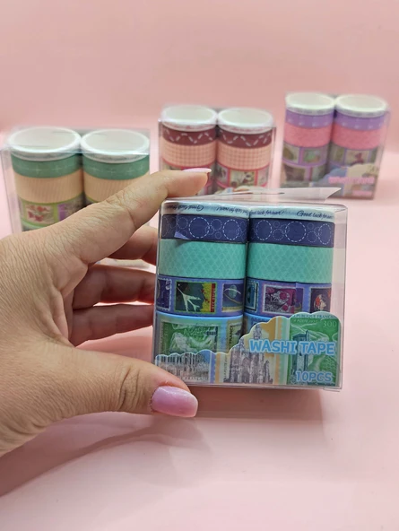 Vintage Washi Tape Bant Baskılı Yapışkanlı Maskeleme Kağıdı Desenli Bant 10'lu - Mavi Pul Mektup ürün görseli 1