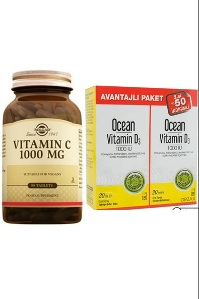 Solgar Vitamin C 1000 mg 90 Tablet + Vitamin D3 1000 Iu Sprey 20 Ml 2'li Paket ürün görseli 1